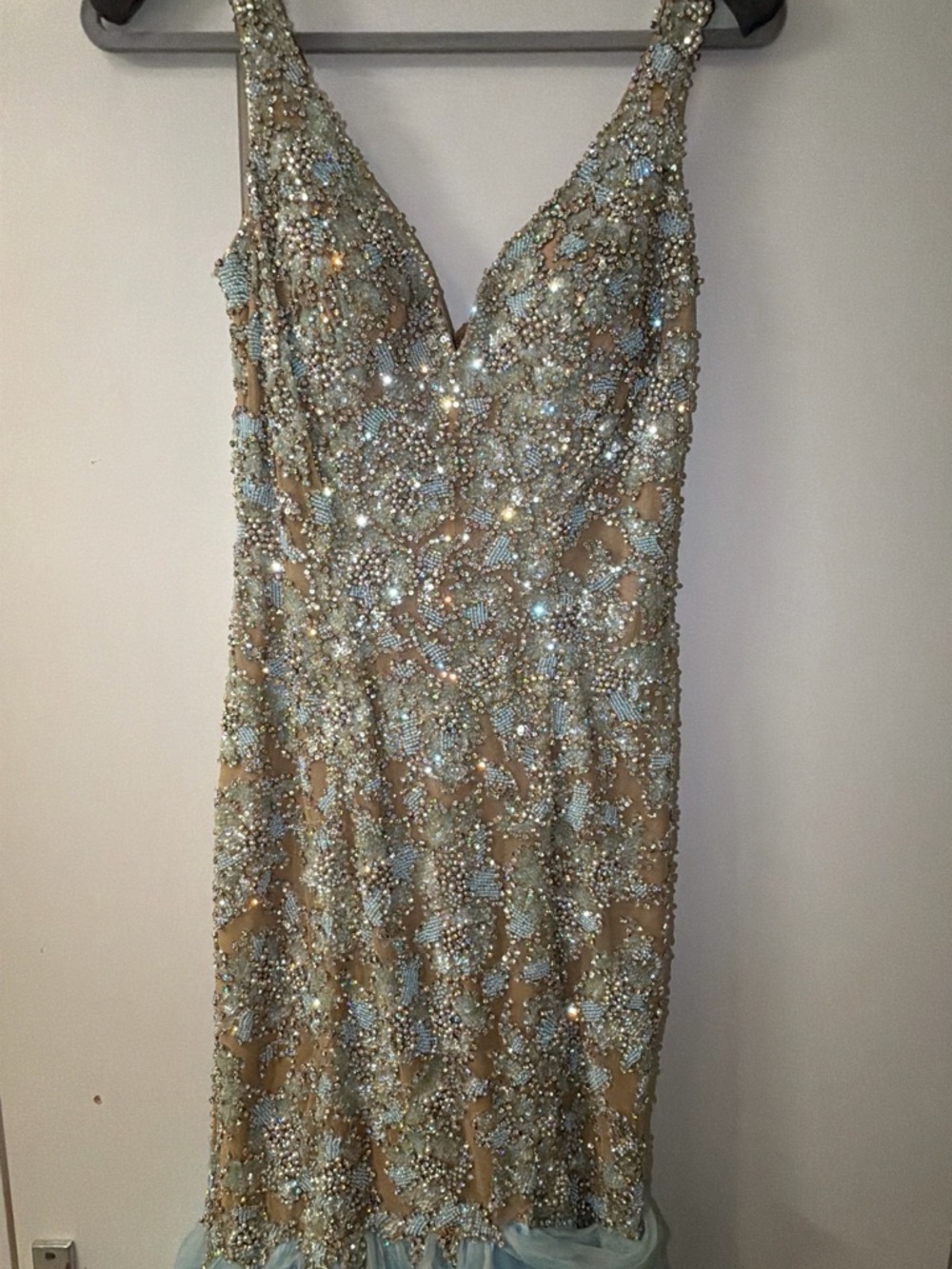 Sherri Hill Nude/Light Blue dress Crystal Embellishment.